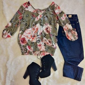 Green Floral V neck Blouse